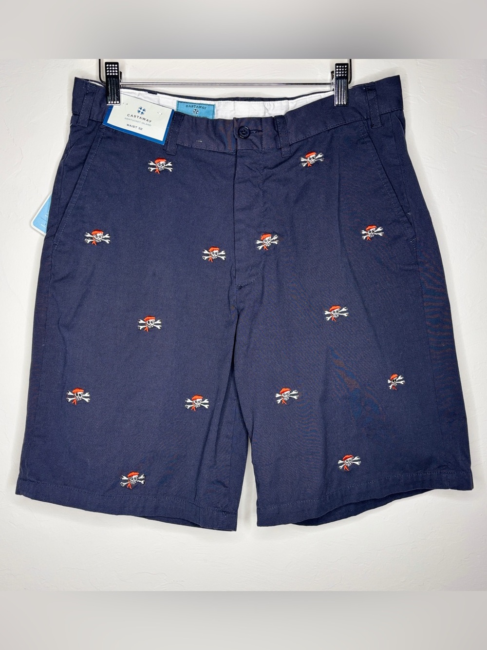 $110 New Skull Crossbones Pirate Shorts Men's 32 Medium Blue CASTAWAY Flat